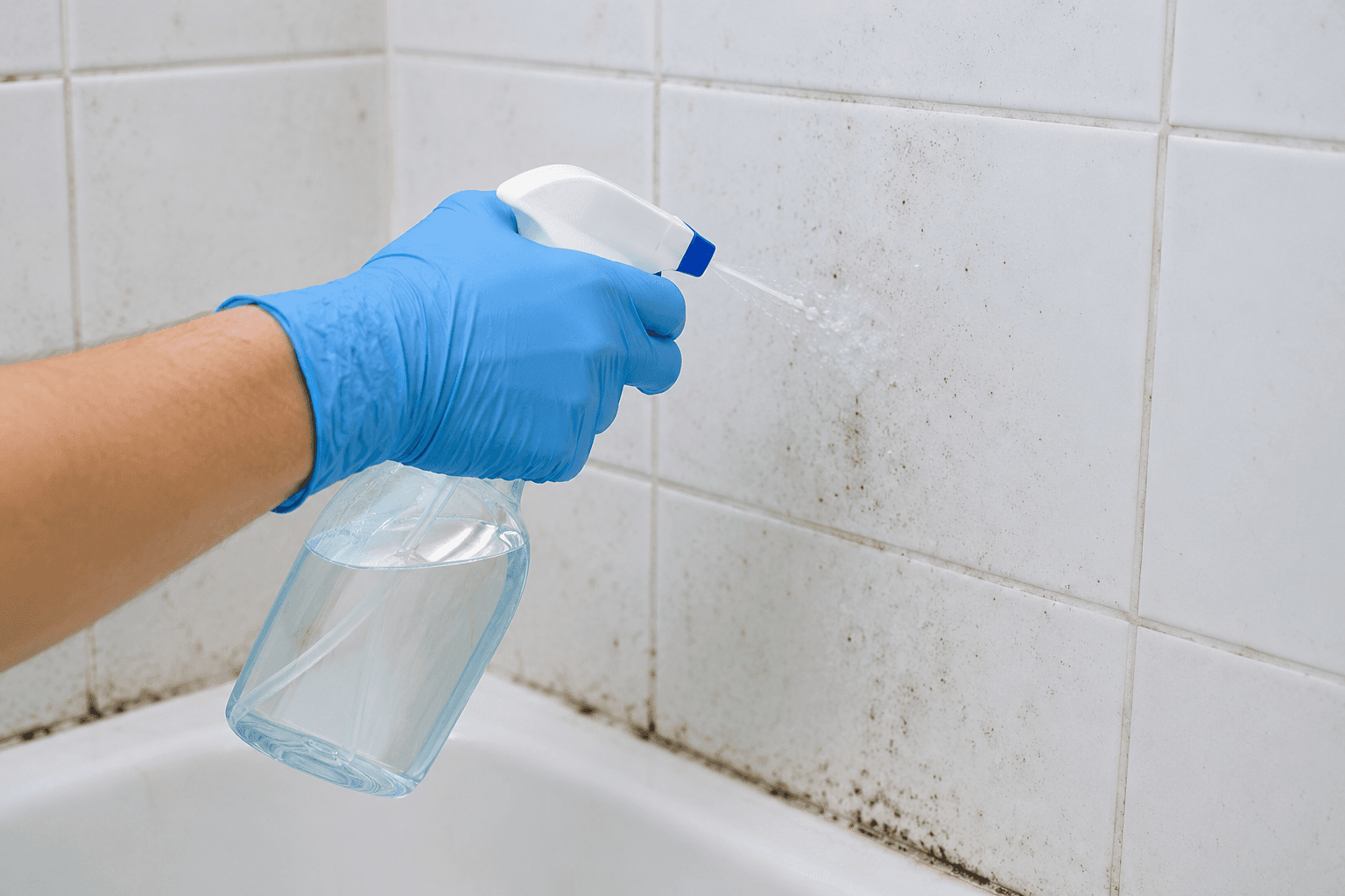 Illustration of bleach being used to clean a mold spot on tile